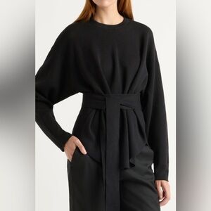 Nara Tie-Front Knit Black Long Sleeve Belted clean unique professional sweater